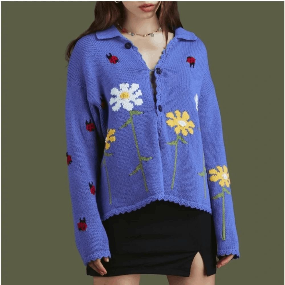 UNIF Violet Ladybug Floral Button Down Cardigan Sweater Women's Size Small